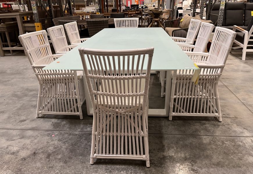 White Outdoor Dining Set with Glass Top Table