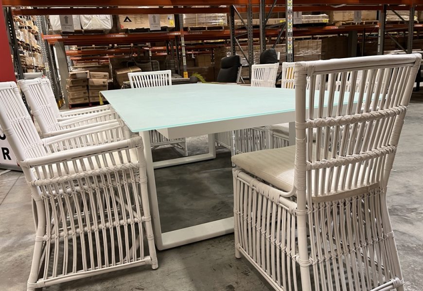 White Outdoor Dining Set with Glass Top Table